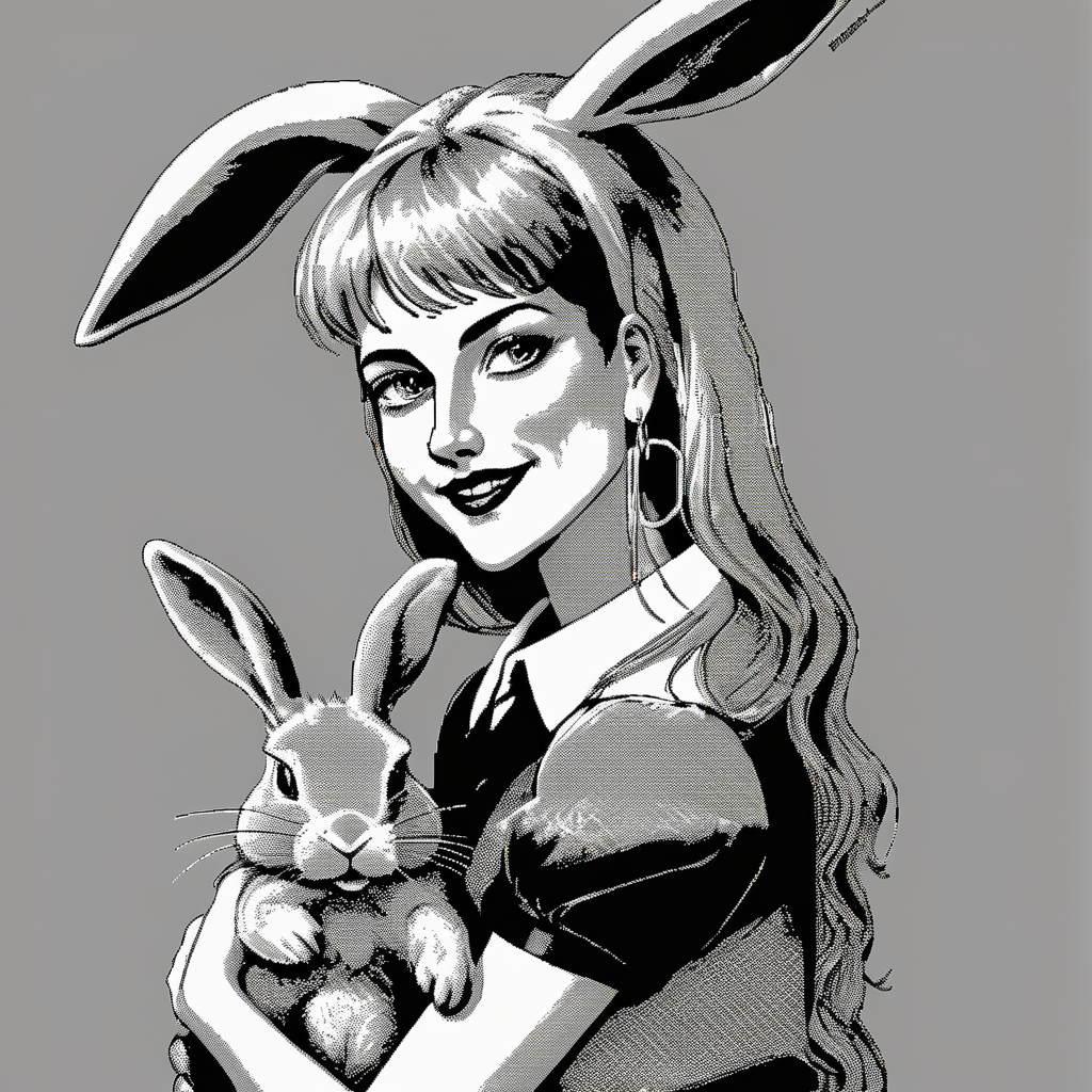 02807-2560394015-_lora_Macpaint-XL-000015_1_, Macpaint, black and white pixel image of beautiful smiling woman standing next to a creepy bunny ra.png